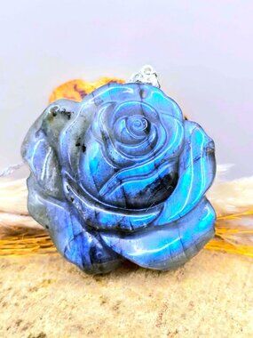 Natural Labradorite Rose Carving Pendant • Flashy • 1.7" Statement Necklace